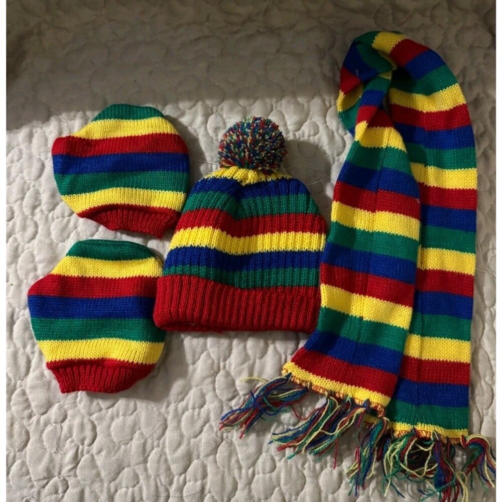 Build-a-Bear Knit Striped Winter Accessory Set Hat Scarf Mittens Primary Colors